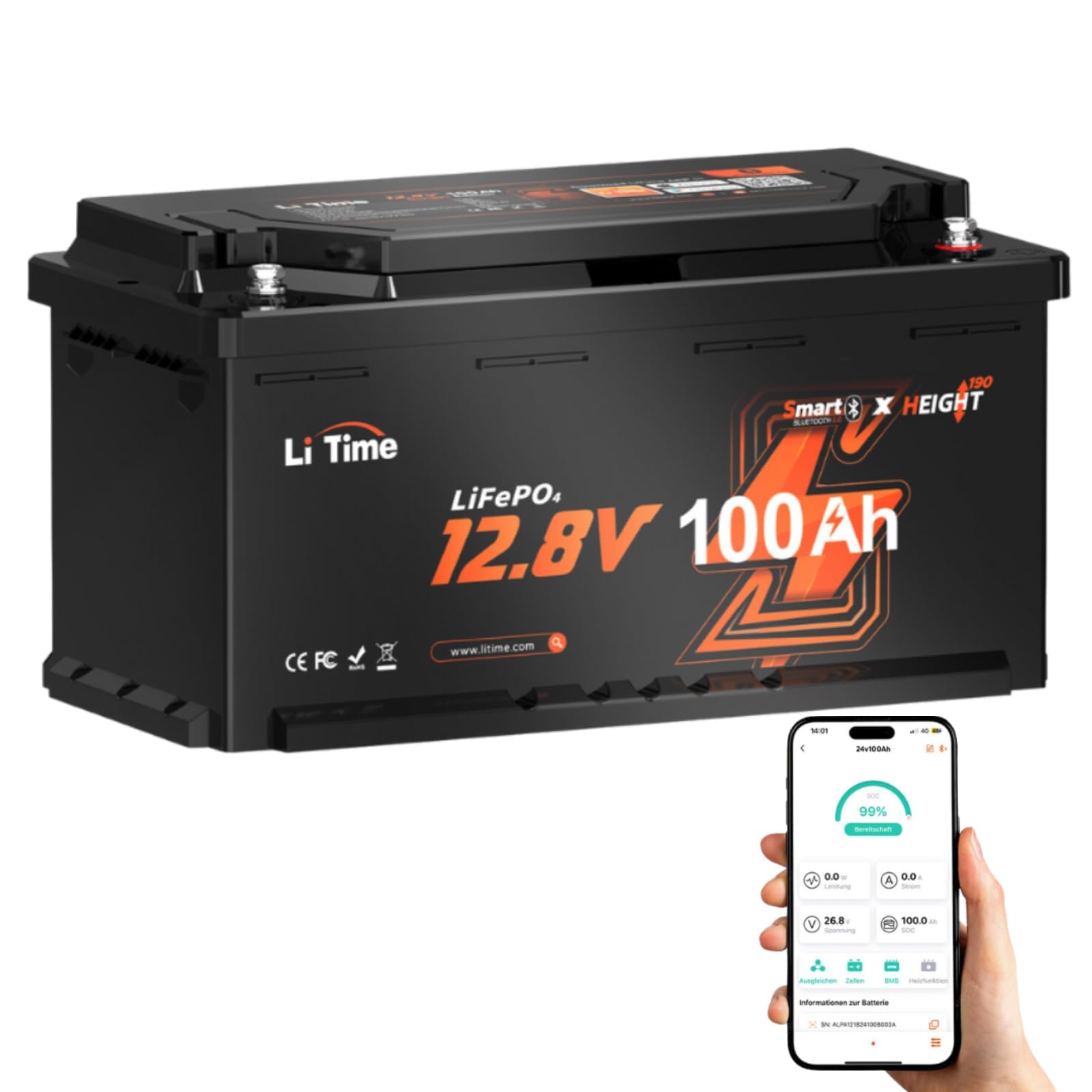 LiTime 12V 100Ah H190 LiFePO4 Batterie Bluetooth Low-Temp Protection Eingebautes 100A BMS, bis zu 15000 Deep Cycles, Perfekt für Solaranlage, Wohnmobil, DIN H8 L5 Größe LiTime 12V 100Ah H190 LiFePO4 Batterie Bluetooth Low-Temp Protection Eingebautes 100A BMS, bis zu 15000 Deep Cycles, Perfekt für Solaranlage, Wohnmobil, DIN H8 L5 Größe von Litime
