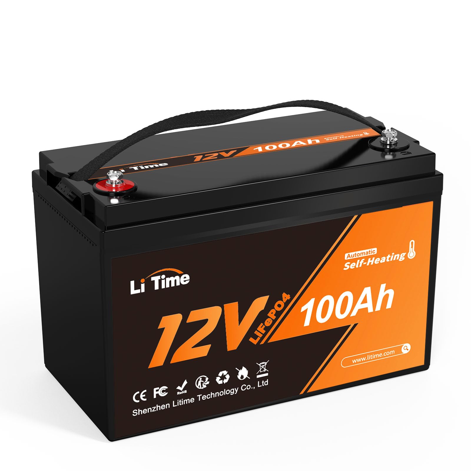 LiTime 12V 100Ah LiFePO4 Batterie mit selbstwärmende, -20℃ bis 50°C Tieftemperatur-Ladung, 100A BMS, 4000-15000 Zyklen, 10 Jahre Lebensdauer, Perfekter für Wohnmobil, Solar, Camping, Off-Grid, Marine von Litime