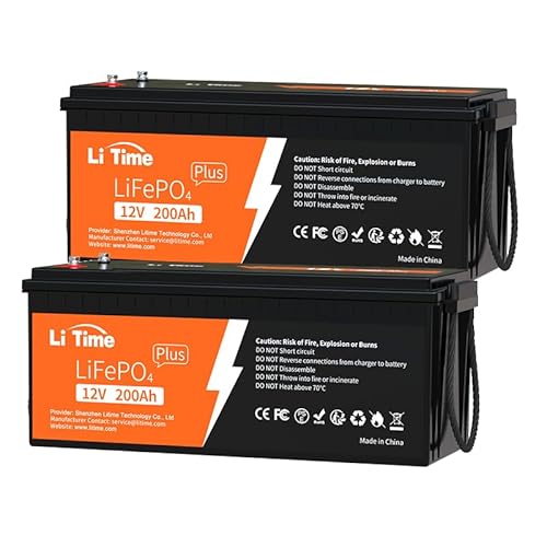 LiTime 2er Pack LiFePO4 12V 200Ah Plus Lithium Batterie Eingebautes 200A BMS, Max.15000 Deep Cycles Zyklen und 2560W Ausgangsleistung, 10 Jahre Lebensdauer, Perfekt für Wohnmobil, Solaranlage, Marine von Litime