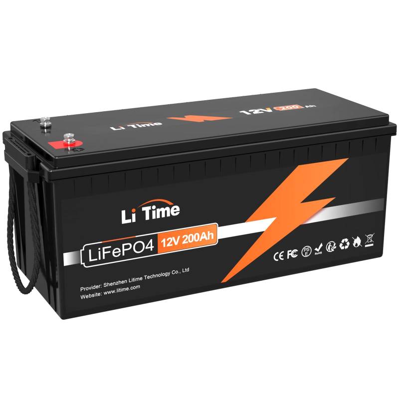 LiTime LiFePO4 200Ah 12V Lithium Batterie mit 100A BMS, über 10 Jahre Lebensdauer und Max. 15000 Zyklen, 2560Wh Lastleistung, IP65 wasserdichte, 12V Lithium Akku für Marine, Solaranlage, Wohnmobil von Litime