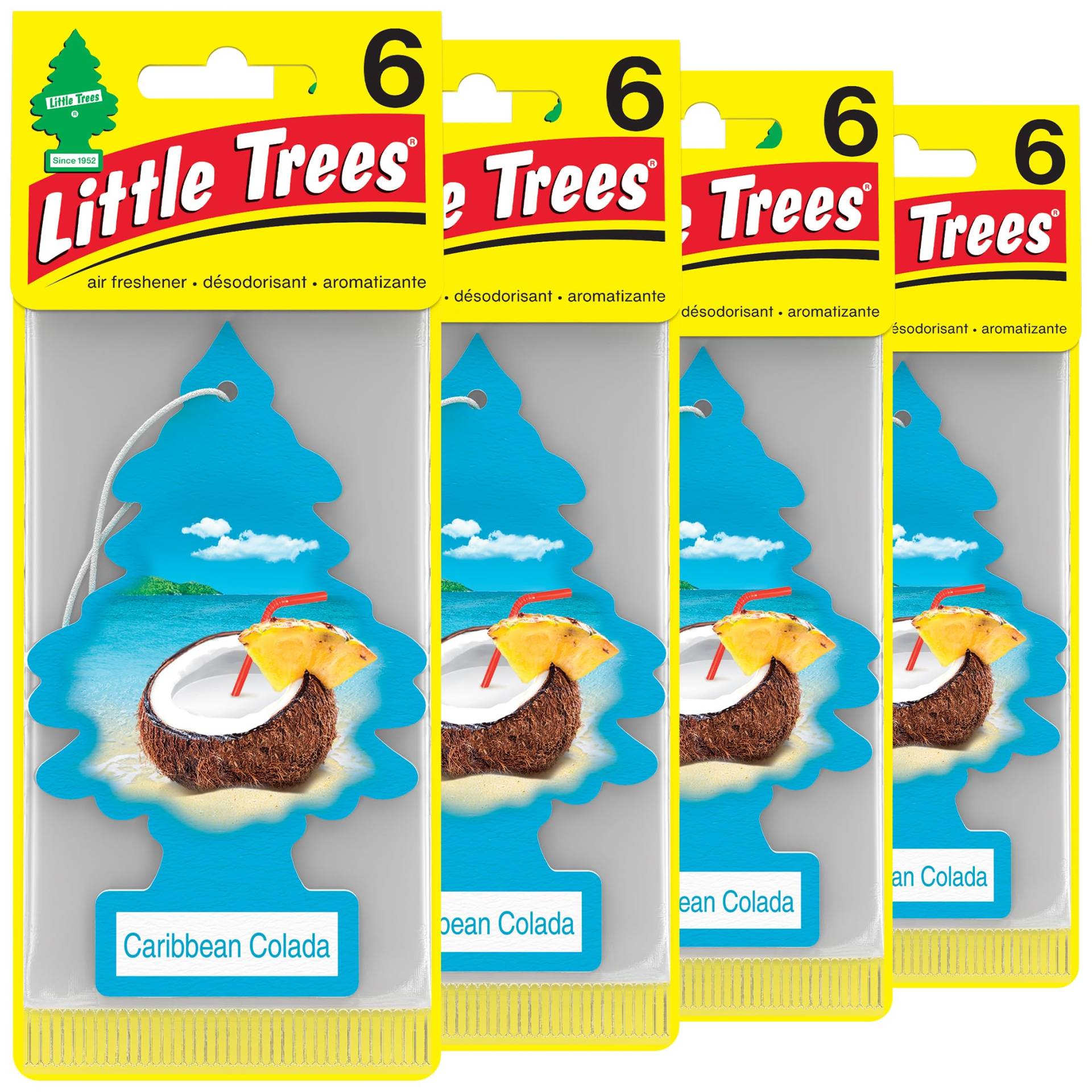 LITTLE TREES Auto-Lufterfrischer, hängender Baum, bietet langanhaltenden Duft für Auto oder Zuhause, Karibik-Colada, 24 Stück, (4) 6 Stück von Little Trees