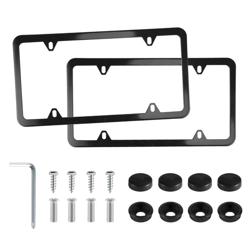 LivTee 4 Löcher Edelstahl Kennzeichenrahmen 2 Stück Auto Kennzeichenabdeckungen Slim Design mit Schrauben Unterlegscheiben Kappen für US-Fahrzeuge, schwarz von LivTee