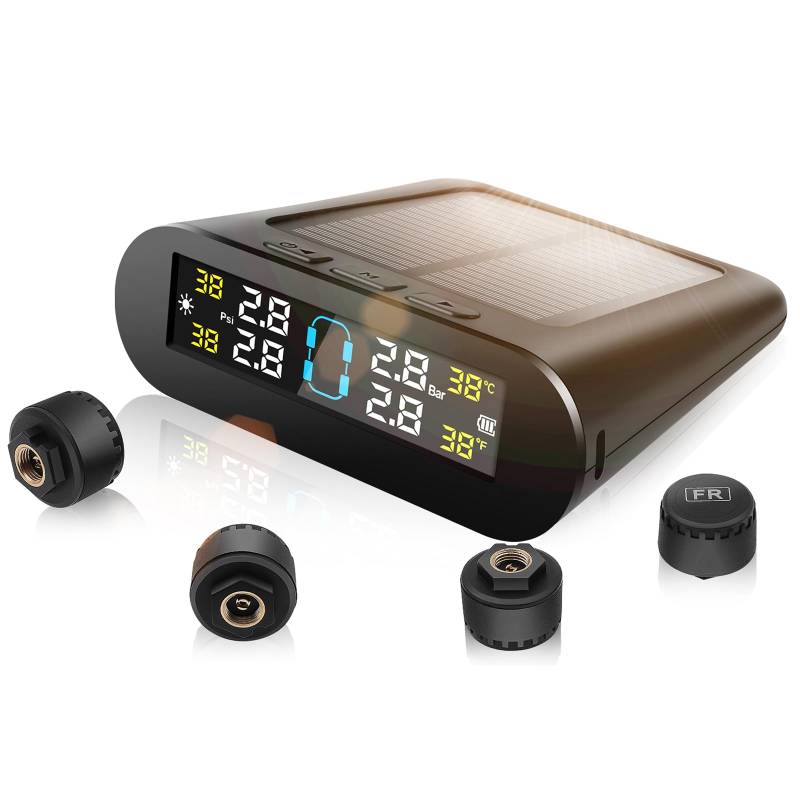 Liwogi TPMS Reifendruckkontrollsystem Solar mit Alarmmodus Kabelloser Reifendruckmonitor mit 4 Stück Sensoren für Auto Limousine RV SU, Arbeitstemperatur: -20℃-+85℃, 0-3.5Bar von Liwogi