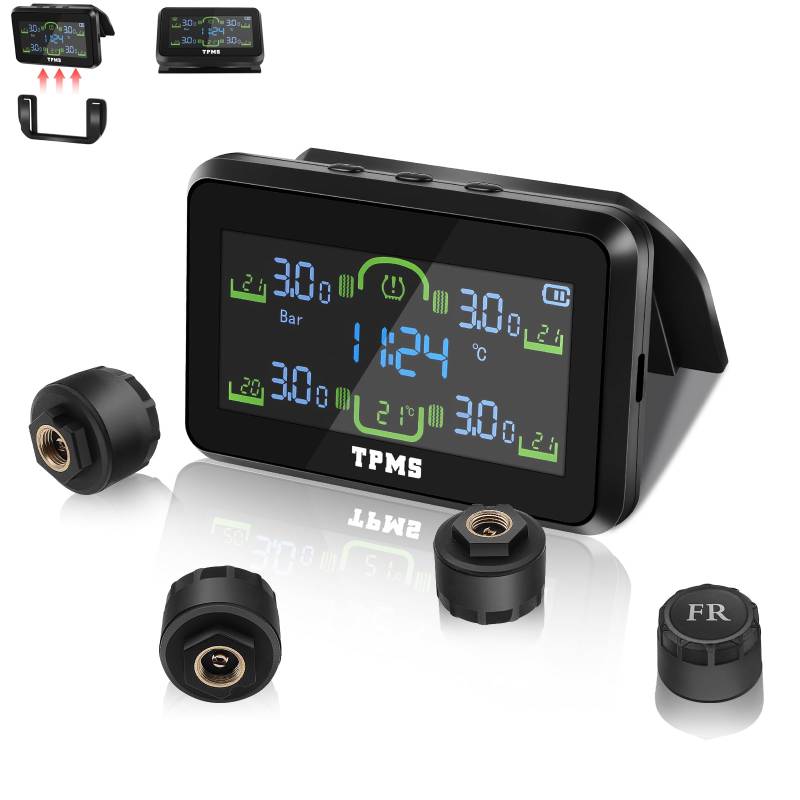 Liwogi Universelles Auto-Reifendruckkontrollsystem mit abnehmbarer Halterung, TPMS Solar-Reifendruckmonitor mit 5 Alarmsystem, 4 Radschalter-Modi für LKW, Wohnmobil, Anhänger, Auto von Liwogi