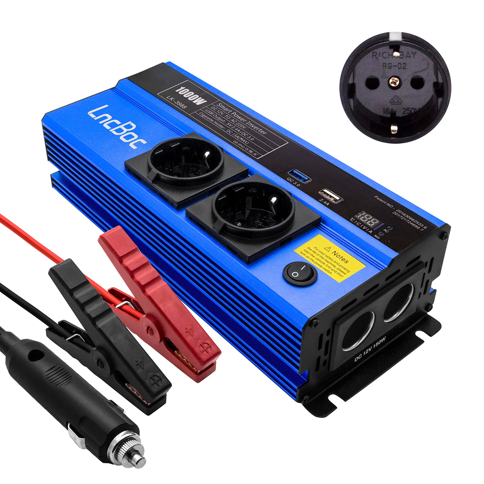 LncBoc Spannungswandler 12v 230v Wechselrichter 1000 Watt Inverter Konverter Mit Ladegerät Zigarettenanzünder + 2 EU Steckdose + 2 USB Ports (1 QC3.0 Schnellladegerät, 1 USB Ports 2.4 A) von LncBoc