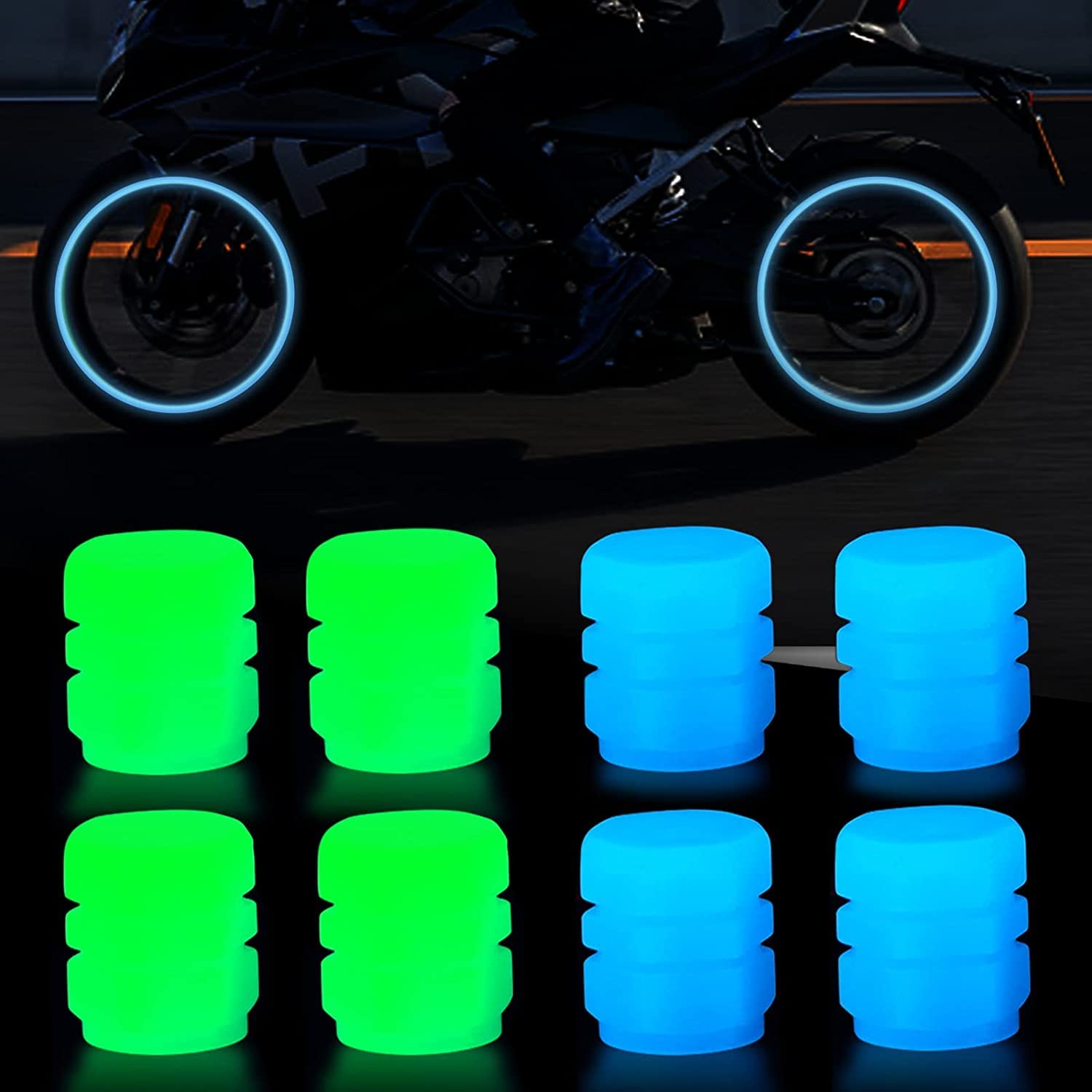 Set von 8 universellen fluoreszierenden Autoreifen-Ventilkappen, Kunststoff Ventilschaftabdeckung Dekorationszubehör für für Auto, LKW, Motorräder, Fahrrad (4 Blau+4 Grün) von Lonnalee