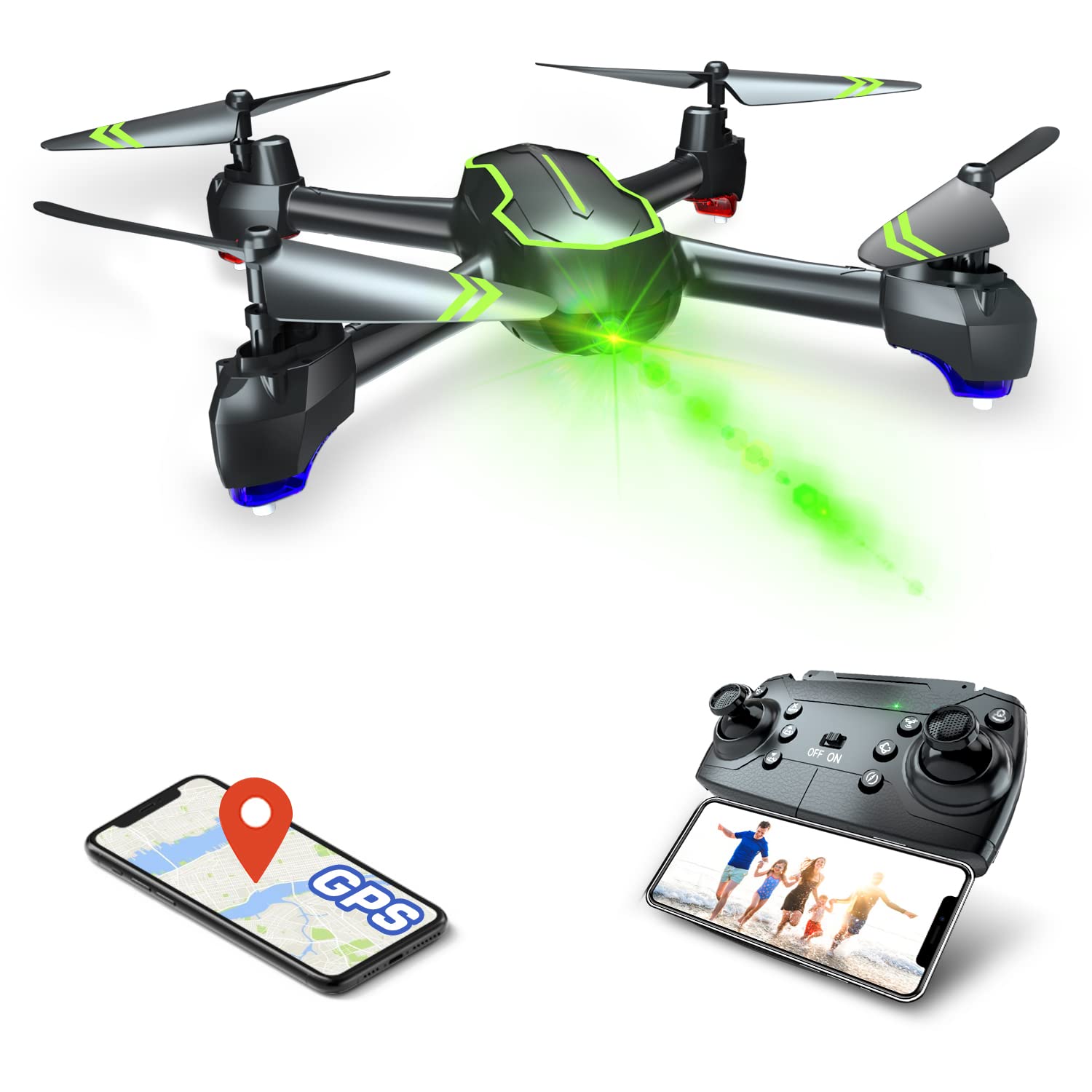 Loolinn | Drohne GPS - Automatisch Rückkehr, Follow Me Funktion, Full HD 1080P Kamera, 32 Min Flugzeit, Zwei Akkus - FPV mit für Anfänger (Geschenkidee) von Loolinn