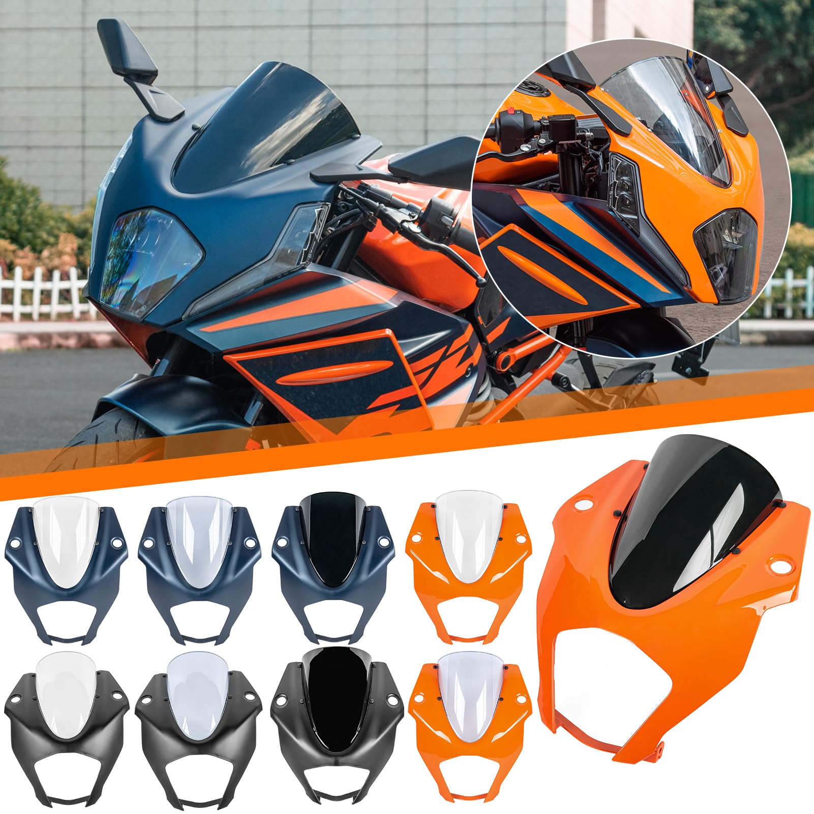 Motorrad Frontverkleidung Scheinwerfer-Windschutzscheibe kompatibel mit K.T.M RC390 RC 390 RC-390 2022–2023, Scheinwerfer-Visierschutz Windabweiser große Maskenabdeckung (Orange+Rauch) von Lorababer