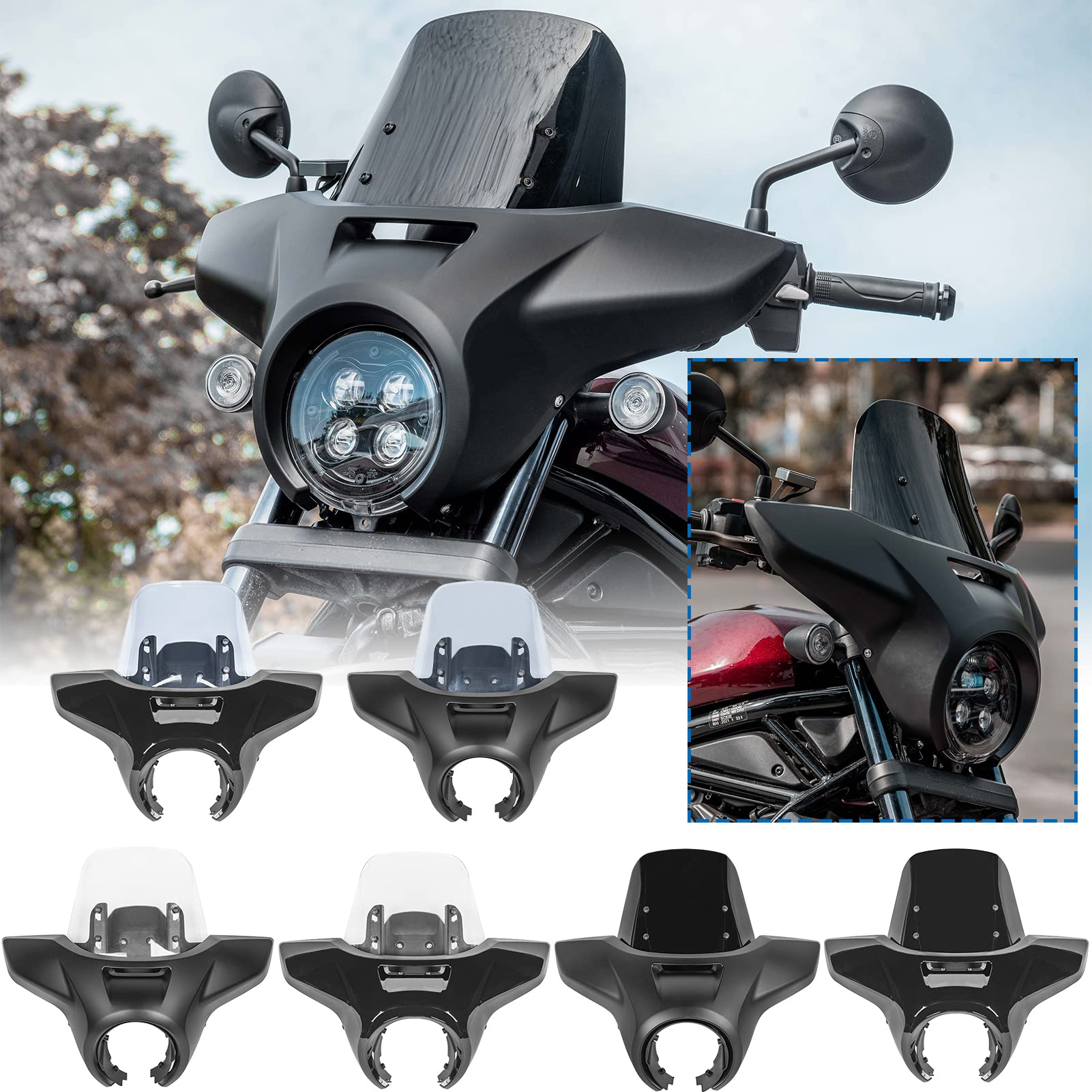 Motorrad Größere Scheinwerferverkleidungsmaske Abdeckung Windschutzscheibe Kompatibel mit H-onda Rebel CMX1100 CMX 1100 2021-2024 Scheinwerferschutz Windabweiser (Leichter Rauch mit Mattschwarz) von Lorababer