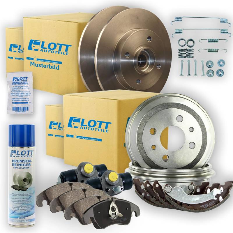 2 Bremsscheiben + 4 Bremsbeläge Bremsklötze + 2 Bremstrommeln + Bremsbackensatz + 2 Radbremszylinder Bremsenset vorne + hinten Vorderachse + Hinterachse + 500ml Bremsenreiniger von Lott-Autoteile