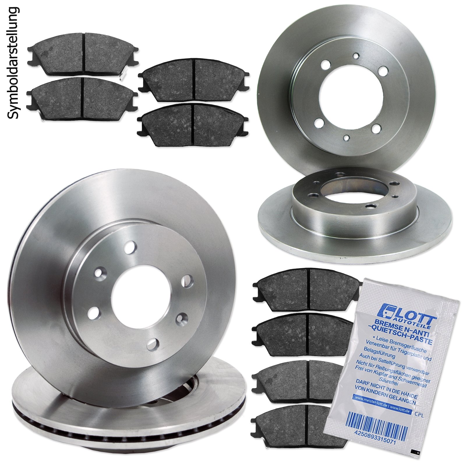 4 Bremsscheiben + 8 Bremsbeläge Bremsklötze Bremsenset vorne + hinten Vorderachse + Hinterachse von Lott-Autoteile