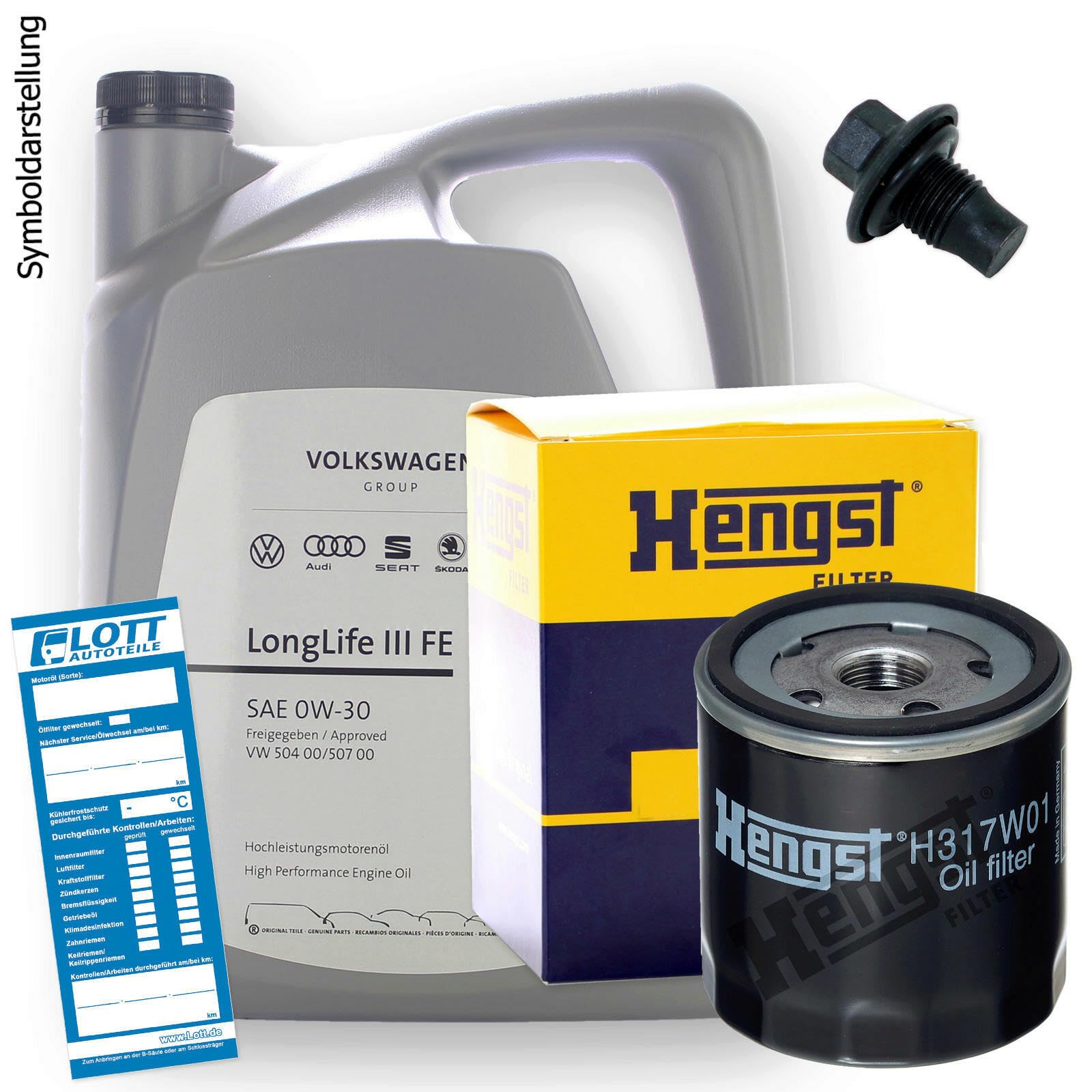 Ölwechsel Set Inspektion 5 Liter Motoröl Original VAG 0W-30 Motorenöl + Hengst Ölfilter + Öl Ablassschraube Verschlussschraube Ölwechsel Set Inspektion 5 Liter Motoröl Original VAG 0W-30 Motorenöl + Hengst Ölfilter + Öl Ablassschraube Verschlussschraube von Lott-Autoteile