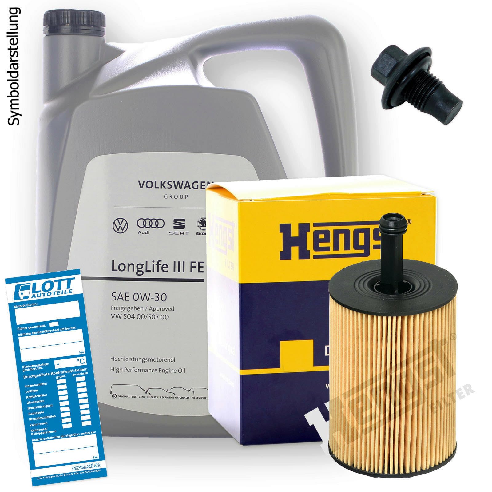 Ölwechsel Set Inspektion 5 Liter Original VAG Motoröl 0W-30 Motorenöl + HENGST Ölfilter + Öl Ablassschraube Verschlussschraube von Lott-Autoteile