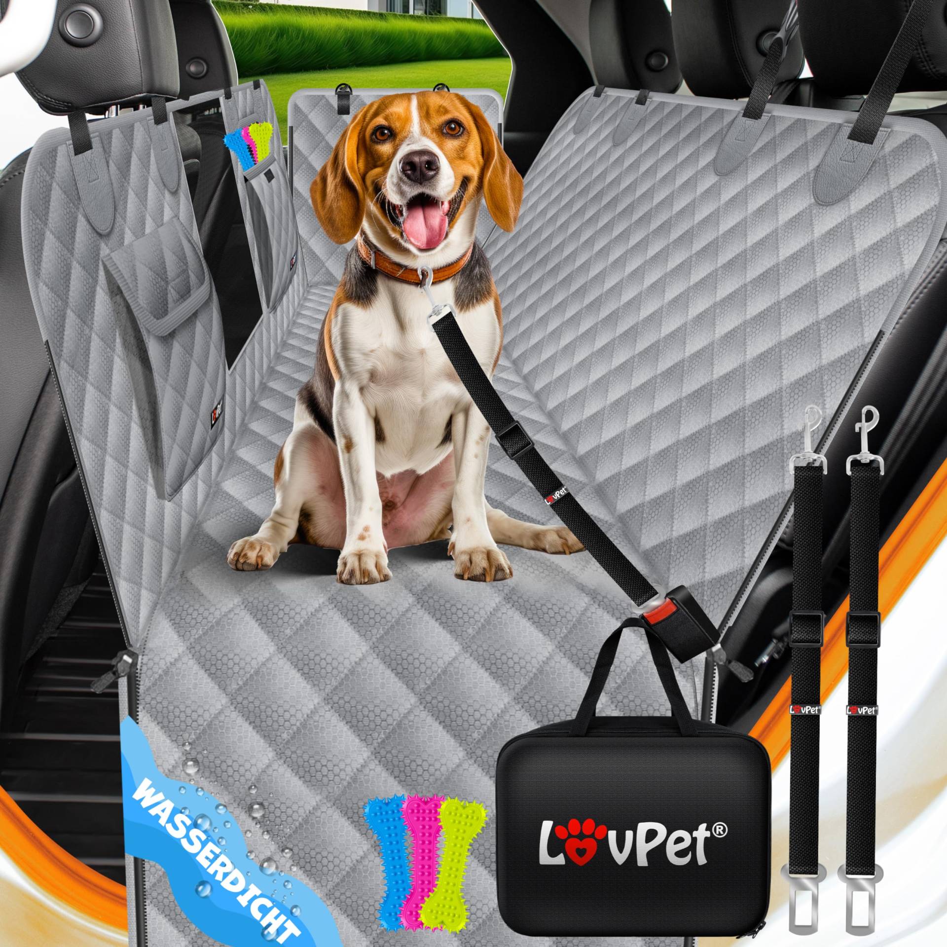 Lovpet® 2in1 Hundedecke für Auto Rückbank & Kofferraum mit Seitenschutz und Sichtfenster Kofferraumschutz - Wasserabweisende Hunde Autoschondecke Universal Autodecke Rücksitz Inkl. Zubehör, Grau von Lovpet