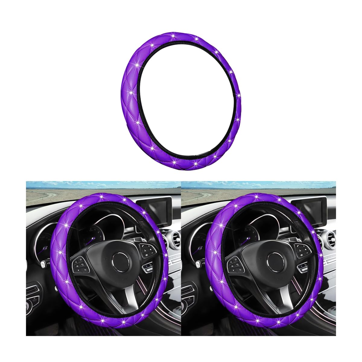 Diamant Weiche Leder Lenkradhülle, 15 Zoll Bling Elastischer Lenkradschutz mit funkelnden Kristall-Strasssteinen, Autozubehör Universal für SUV, LKW, Van, Auto (Lila) von LoyaForba