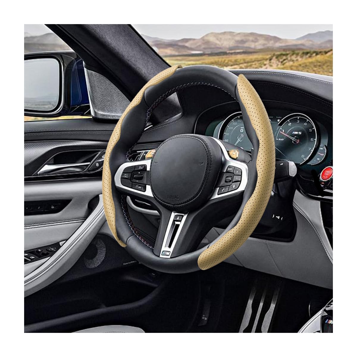 LoyaForba Auto Lenkradbezug, Universal 15 Zoll Leder Segmentiert Auto Lenkradschutz, Anti-Rutsch und Weich Atmungsaktiv Auto Innenausstattung Zubehör für die meisten Fahrzeuge, SUV, LKW (Beige) von LoyaForba
