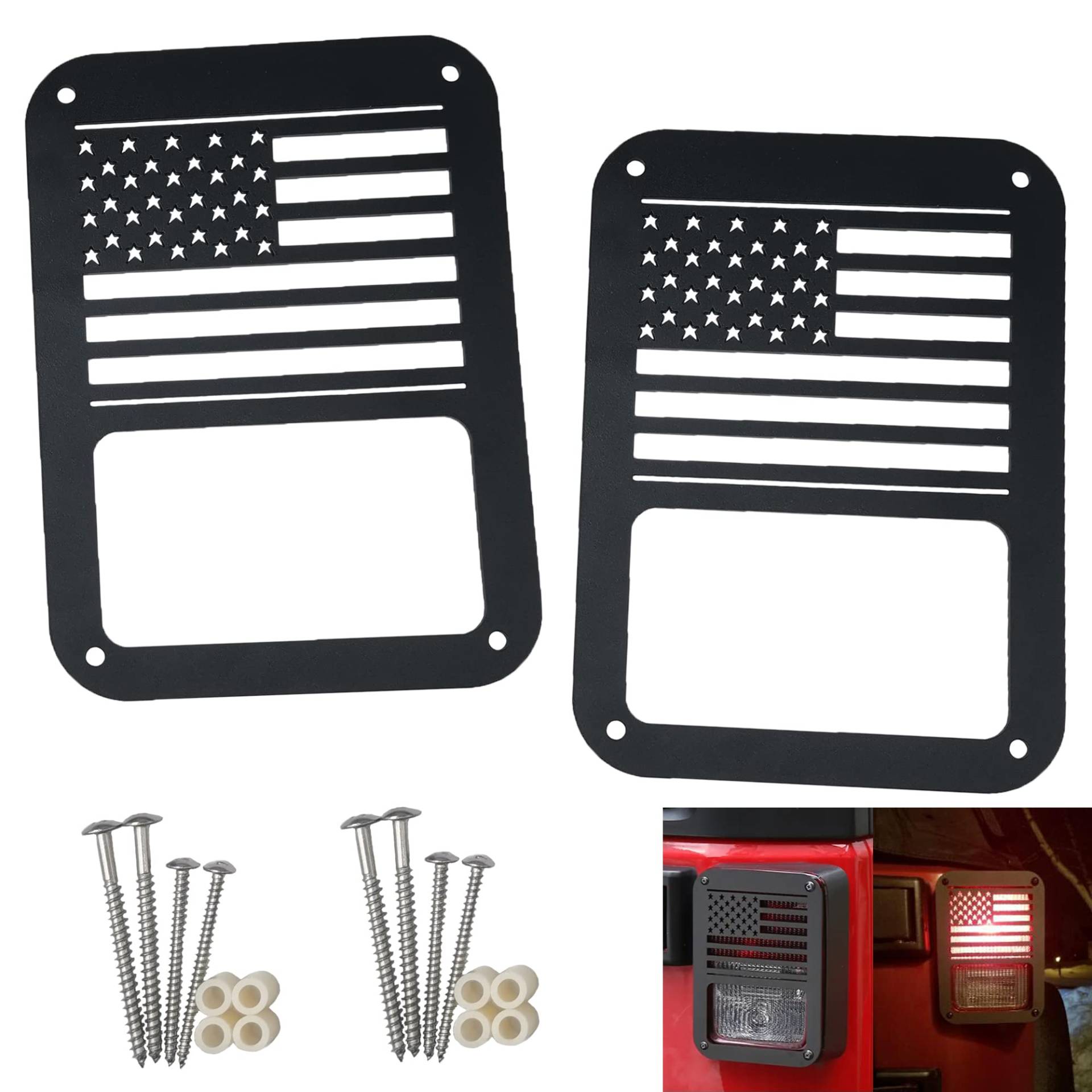LoyaGour 2 Stück Rücklicht-Abdeckungen, kompatibel mit Jeep Wrangler JL JK, Zubehör, Lichtschutz (amerikanische Flagge), Stahl, Poliert, Rot, Weiß, Blau von LoyaGour