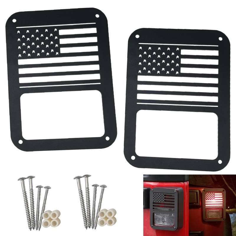 LoyaGour 2 Stück Rücklicht-Abdeckungen, kompatibel mit Jeep Wrangler JL JK, Zubehör, Lichtschutz (amerikanische Flagge), Stahl, Poliert, Rot, Weiß, Blau von LoyaGour