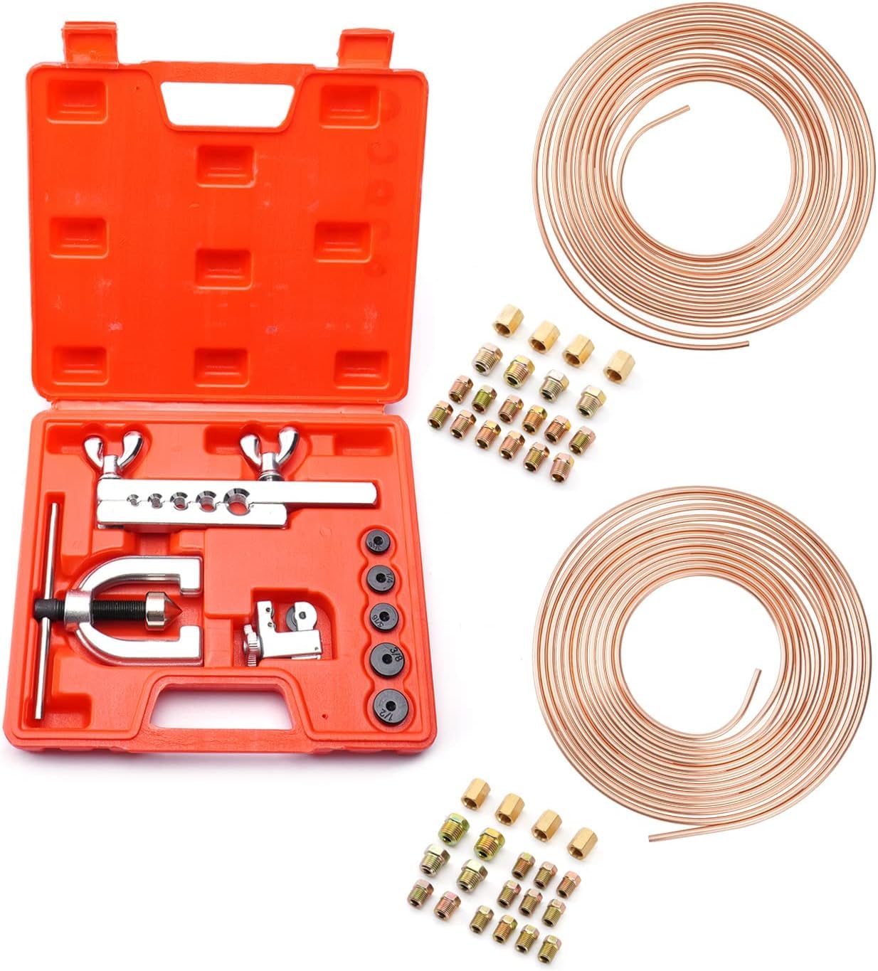 Lpraer 50Pcs Bremsleitung Bördelgerät Kit, Doppelt und Einfach Bördelgerät Werkzeugsatz zum Aufweiten, 7,62m Ø 4,87mm + 7,62m Ø 7,48mm Bremsleitung mit 32 Anschlüssen+8 Verbinder für die Meisten Brems Lpraer 50Pcs Bremsleitung Bördelgerät Kit, Doppelt und Einfach Bördelgerät Werkzeugsatz zum Aufweiten, 7,62m Ø 4,87mm + 7,62m Ø 7,48mm Bremsleitung mit 32 Anschlüssen+8 Verbinder für die Meisten Brems von Lpraer