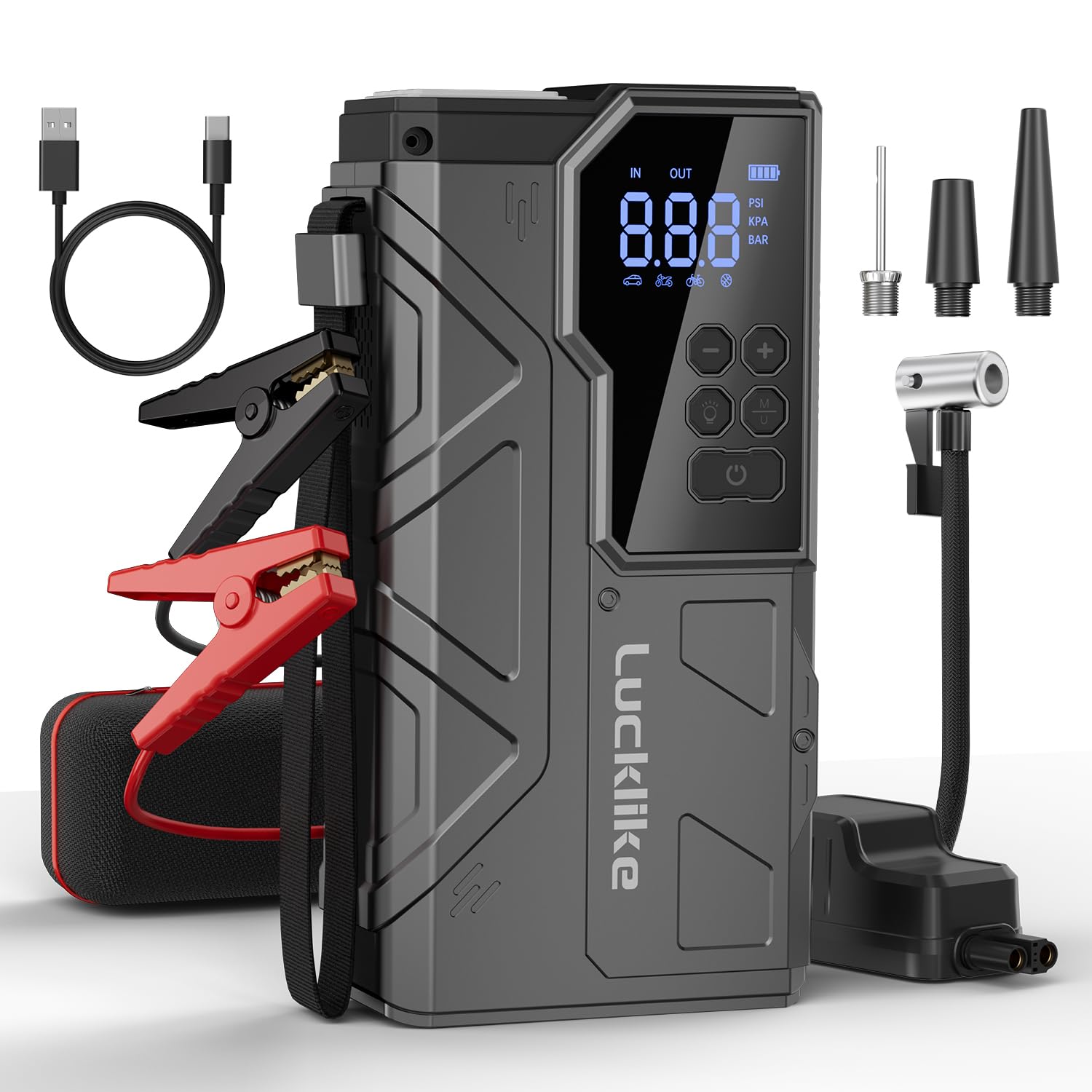 Lucklike Jump Starter mit Luftkompressor, 4000A Portable Car Battery Jumper Starter Pack für 10L Gas und 8L Diesel, Reifen Inflator mit Druckerkennung, 12V Jump Box mit 3 Modi Taschenlampe Lucklike Jump Starter mit Luftkompressor, 4000A Portable Car Battery Jumper Starter Pack für 10L Gas und 8L Diesel, Reifen Inflator mit Druckerkennung, 12V Jump Box mit 3 Modi Taschenlampe von Lucklike
