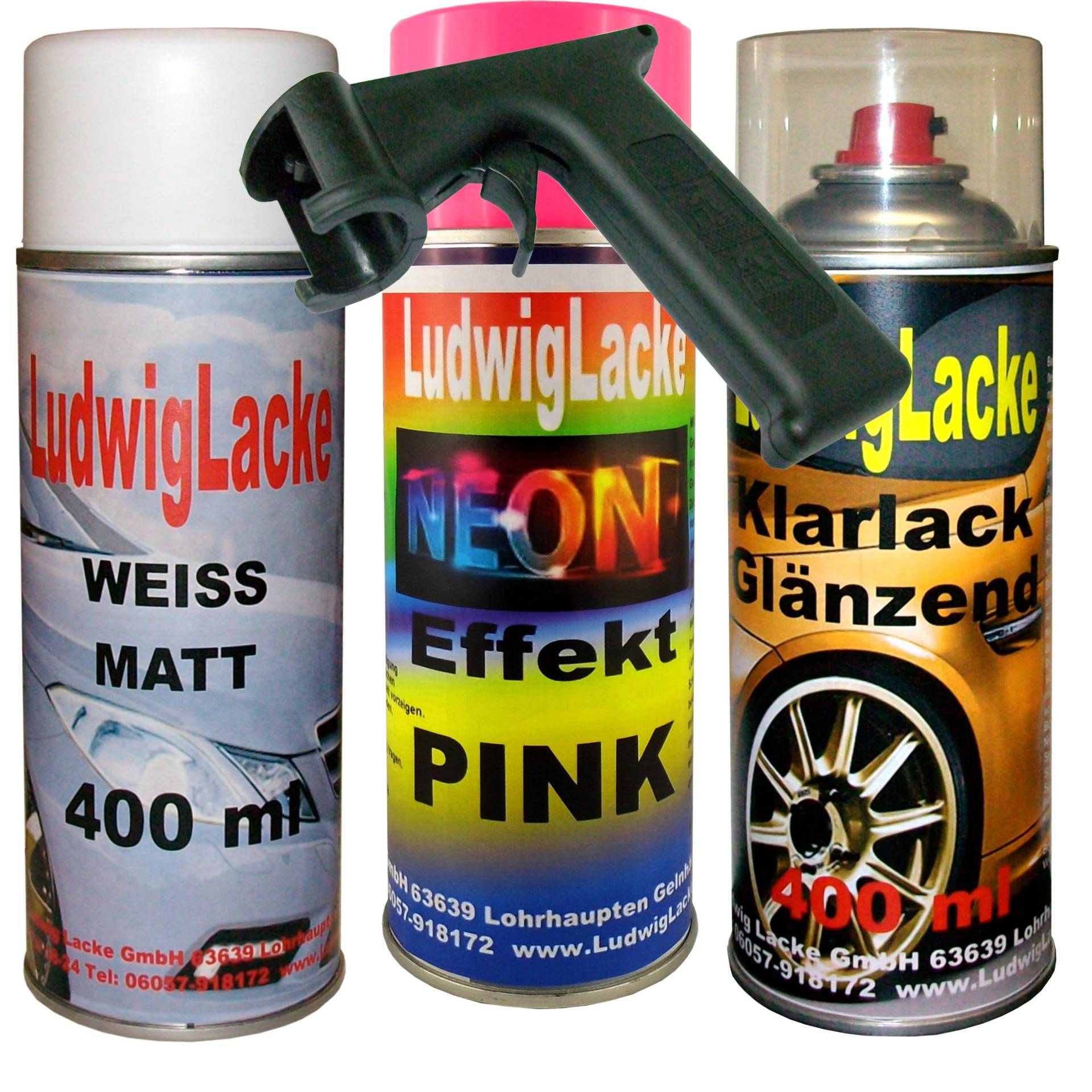 Ludwiglacke Neon Lack Spray Set pink 3 Spraydosen a 400ml + Spraydosen Handgriff von Ludwiglacke