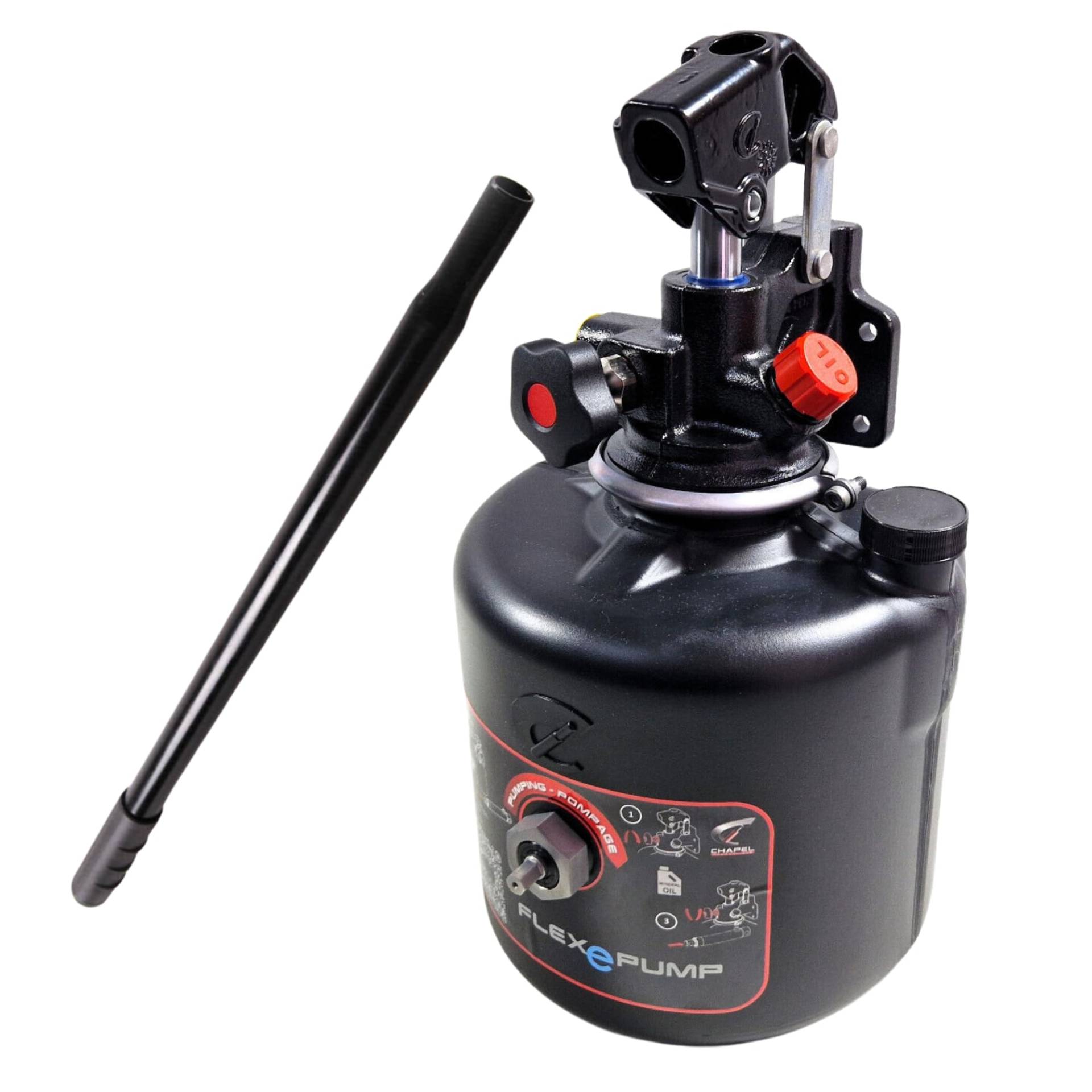 Lukona Chapel FLEXePUMP – Hydraulik-Pumpe mit Akkuschrauber oder Handbetrieb bedienbar | bis 180 bar | für Kipper Anhänger | 5,5 L Tankvolumen (Chapel FLEXePUMP mit Pumphebel) von Lukona