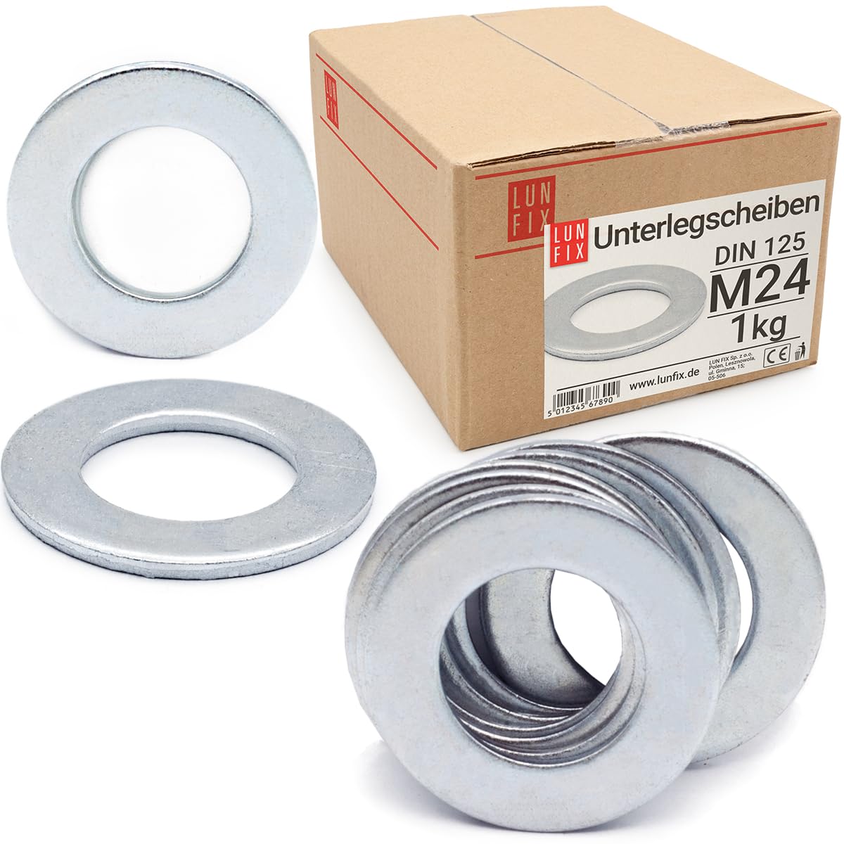 Lun Fix Unterlegscheiben M24 DIN 125 | 1Kg - ca.30 Stck.| Verzinkter Stahl, Unterlegscheibe für Schrauben Flach Beilagscheiben für Gewindebolzen & Gewindestangen, Flat Washers, dünnen Scheiben Lun Fix Unterlegscheiben M24 DIN 125 | 1Kg - ca.30 Stck.| Verzinkter Stahl, Unterlegscheibe für Schrauben Flach Beilagscheiben für Gewindebolzen & Gewindestangen, Flat Washers, dünnen Scheiben von Lun Fix