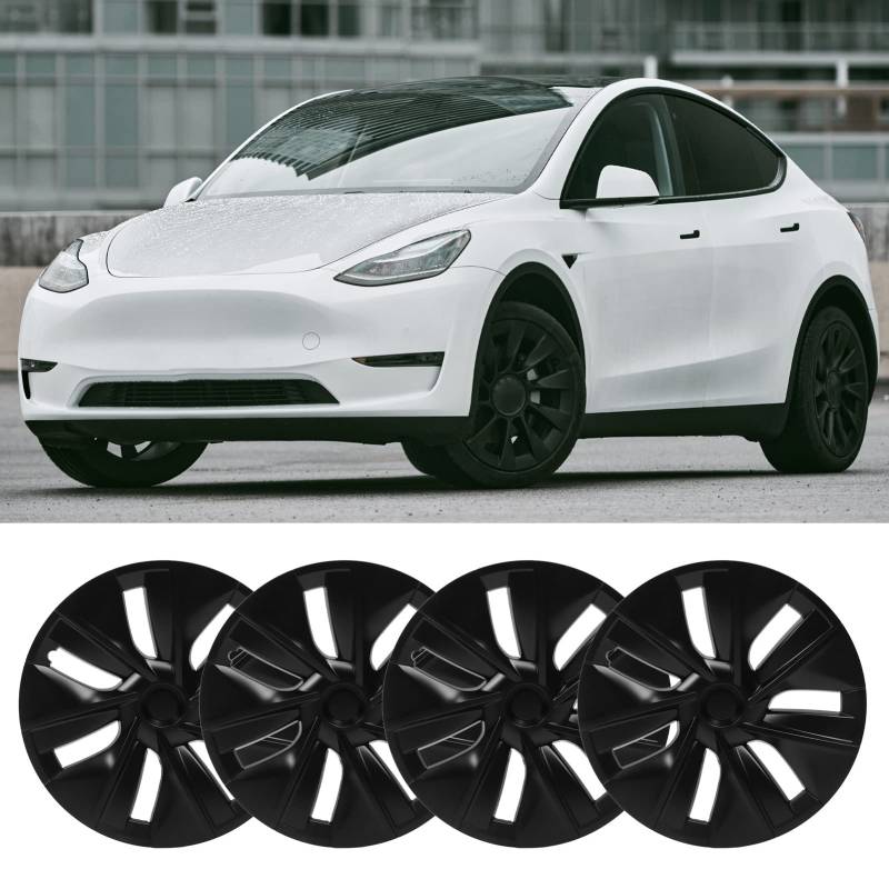 19-Zoll-Radabdeckungen für 2020-2022 Tesla Model Y-Felgen, 4er-Set, 19-Zoll-Mattschwarz-ABS-Rost-Radnabenkappen, Ersatz-Radnabenkappen, Felgenschutzabdeckung für Modell Y von Luqeeg