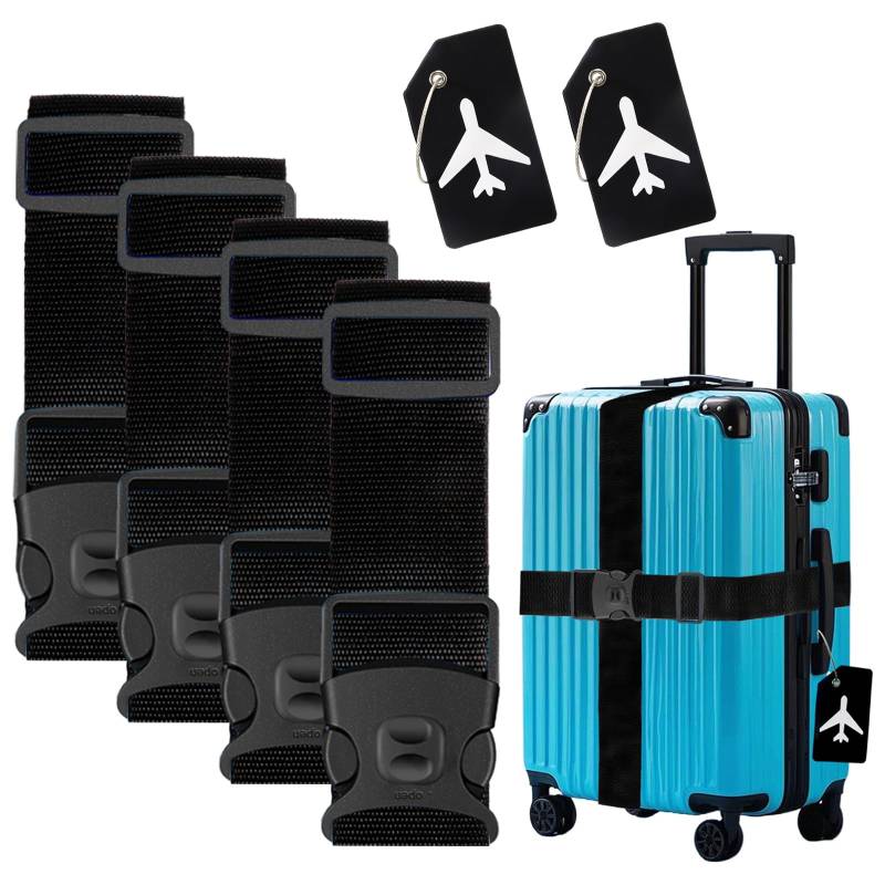 Lymshine Koffergurt 4 Stück mit Gepäckanhänger Set, Kofferband Gurt Auffällig, Kofferbänder 2m Verstellbare, Gepäckgurte für Koffer,Schwarz Luggage Strap für Schnell Erkennen Gepäck Koffer von Lymshine