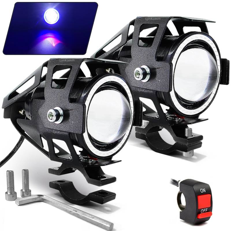 LynKomm 2 Stück Motorrad Scheinwerfer U7 LED Nebelscheinwerfer Spotlight DRL Universal Hilfsscheinwerfer mit Blau Angel Eyes Halo Ring und Schalter von LynKomm