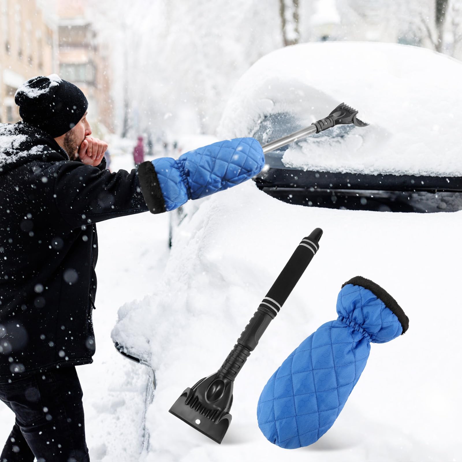Lyneun Eiskratzer Auto mit Handschuh, Scheibenkratzer Auto mit Handschuh, Eiskratzer mit Rutschfestem Griff, Ausziehbarer Ice Scraper Car für Fahrzeug Windschutzscheibe und Haushaltsfenster (Blau) von Lyneun