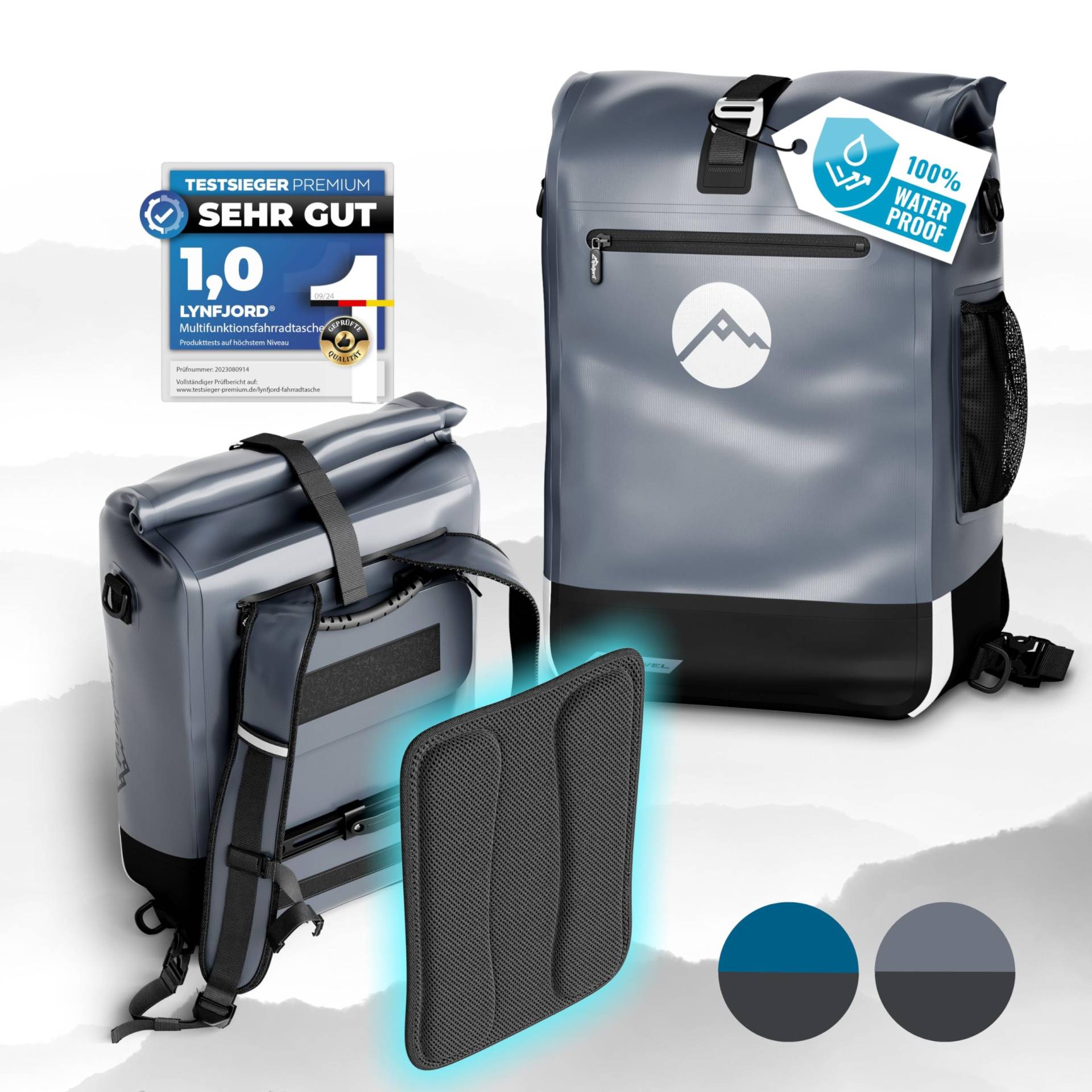 Lynfjord Travel Trek 25 Fahrradtasche 3in1 - optimierte Gepäckträgertasche, Rucksack, Cross Bag - wasserdicht - Rückenpolster - Helmnetz - Schnelleinhängung - Laptoptasche - Rückwand - Fiord Lynfjord Travel Trek 25 Fahrradtasche 3in1 - optimierte Gepäckträgertasche, Rucksack, Cross Bag - wasserdicht - Rückenpolster - Helmnetz - Schnelleinhängung - Laptoptasche - Rückwand - Fiord von Lynfjord