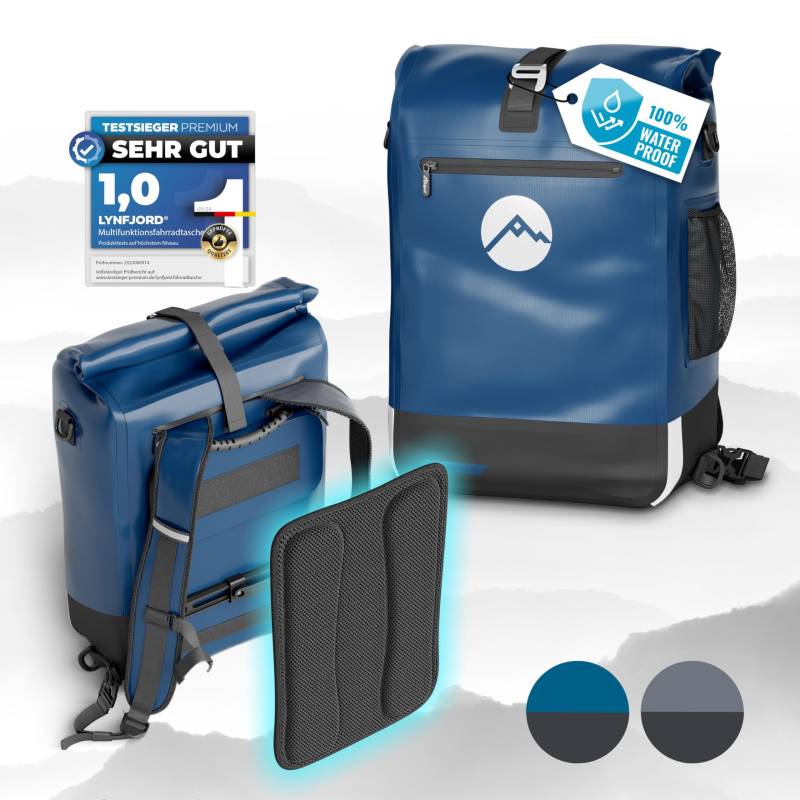 Lynfjord Travel Trek 25 Fahrradtasche 3in1 - optimierte Gepäckträgertasche, Rucksack, Cross Bag - wasserdicht - Rückenpolster - Helmnetz - Schnelleinhängung - Laptoptasche - Rückwand - Midnight Blue von Lynfjord
