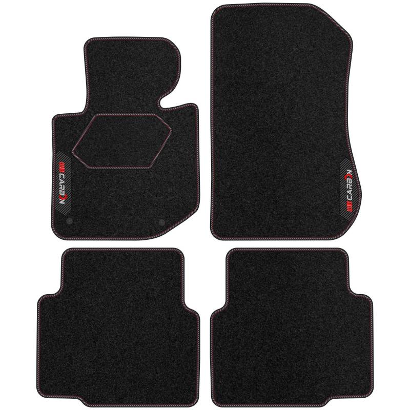MOTOS Personalisierte Velours-Fußmatten Carbon Series passend für BMW 3er E36 1990-2000 - Premium, Carbon, Rot Frischen Sie den Look Ihres Autos mit Velours-Fußmatten im hochmodernen Carbonfaser-Desig von MOTOS