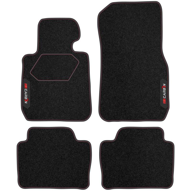 MOTOS Personalisierte Velours-Fußmatten Carbon Series passend für BMW 3er F30 2012-2018 - Premium, Carbon, Rot Frischen Sie den Look Ihres Autos mit Velours-Fußmatten im hochmodernen Carbonfaser-Desig von MOTOS