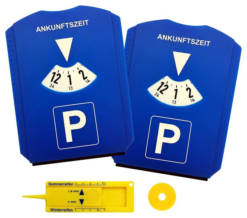 M&H-24 Parkscheibe Parkuhr Auto mit Einkaufswagenchip und Reifenprofilmesser - Parkscheibe mit Eiskratzer Kunststoff Parkscheiben Parking Disc 2 Stück von M&H-24