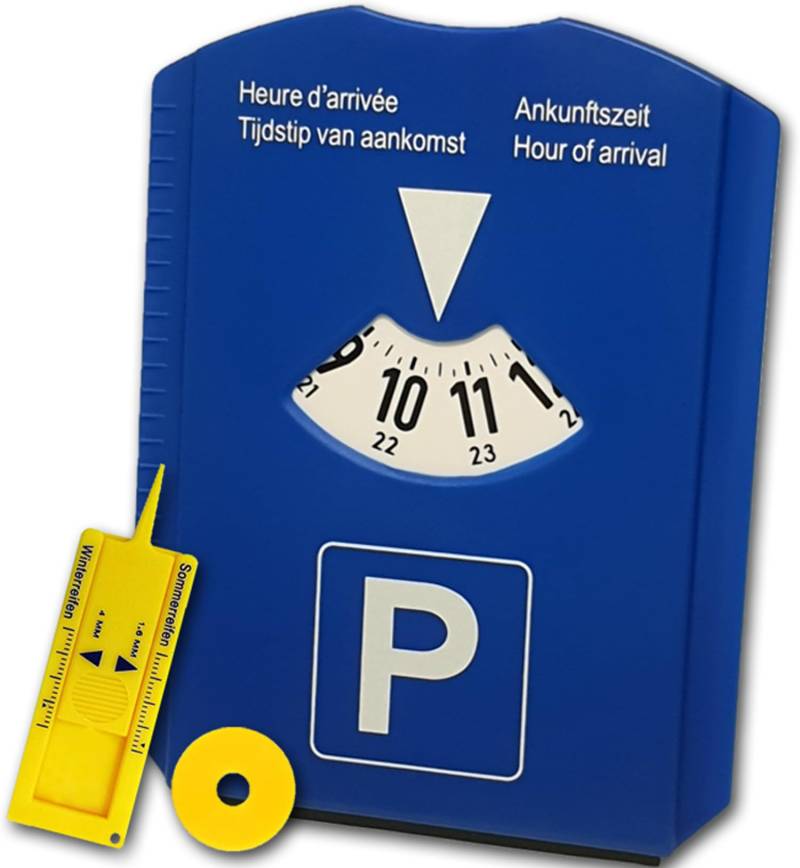 M&H-24 Parkscheibe Auto Parkuhr mit Eiskratzer - Parkscheiben mit Reifenprofilmesser und Einkaufswagenchip | Parking Disc aus Kunststoff von M&H-24