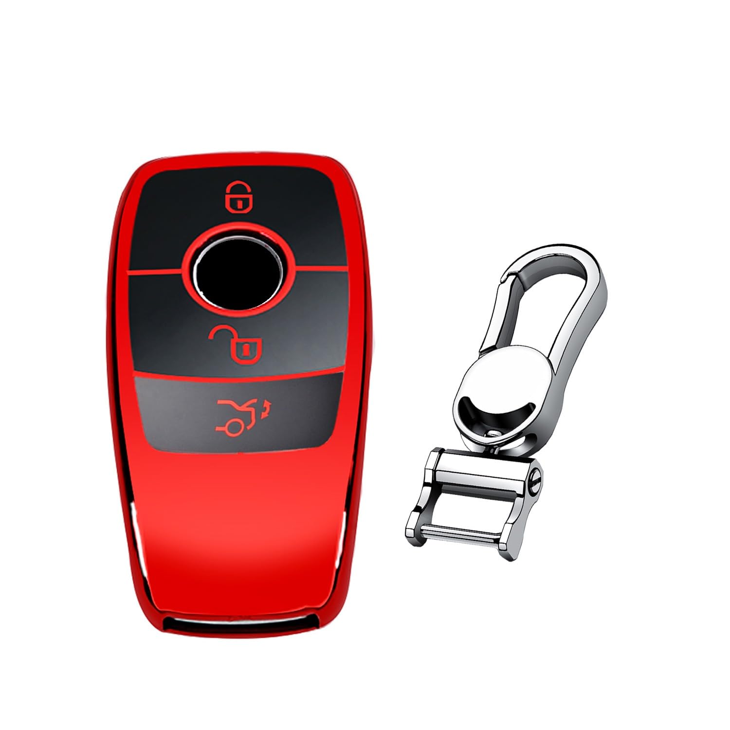 M.JVisun Leder-Schlüsselhülle für Herren und Damen, 100% echtes Leder, Schlüsselanhänger-Abdeckung für Mercedes-Benz E-Klasse, Glossy Red,Metal Keychain von M.JVisun
