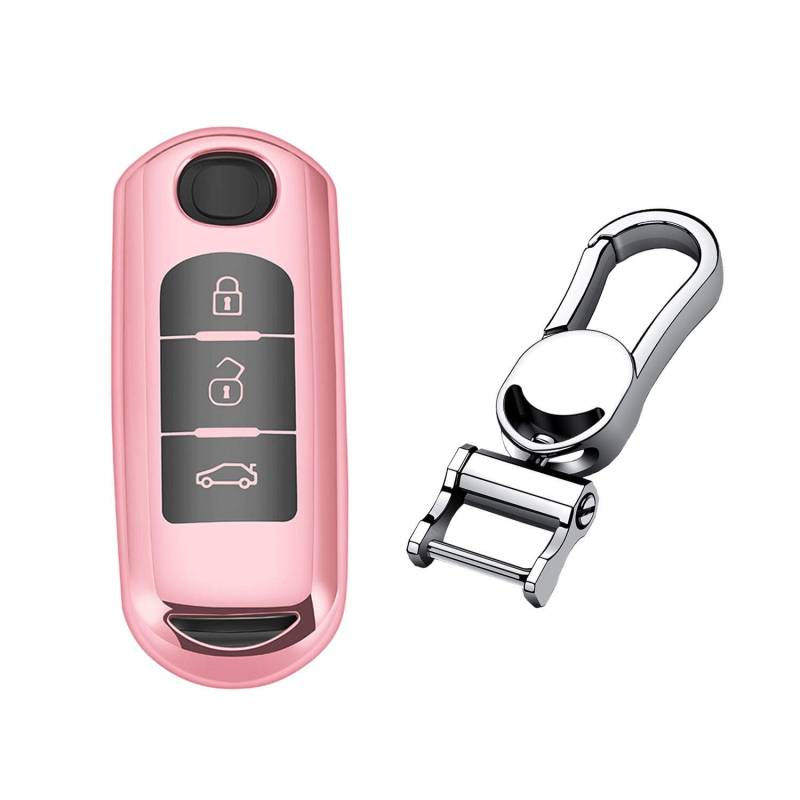 M.JVisun TPU Weich Autoschlüssel Fall Für Mazda 2 3 Axela 5 6 Atenza 8 CX-3 CX-4 CX-5 CX-7 CX-9 MX-5 Miata Für Toyota Yaris Für Scion iA Silikon Schlüssel Hülle - Glänzend Rosa - Metall Schlüsselbund von M.JVisun