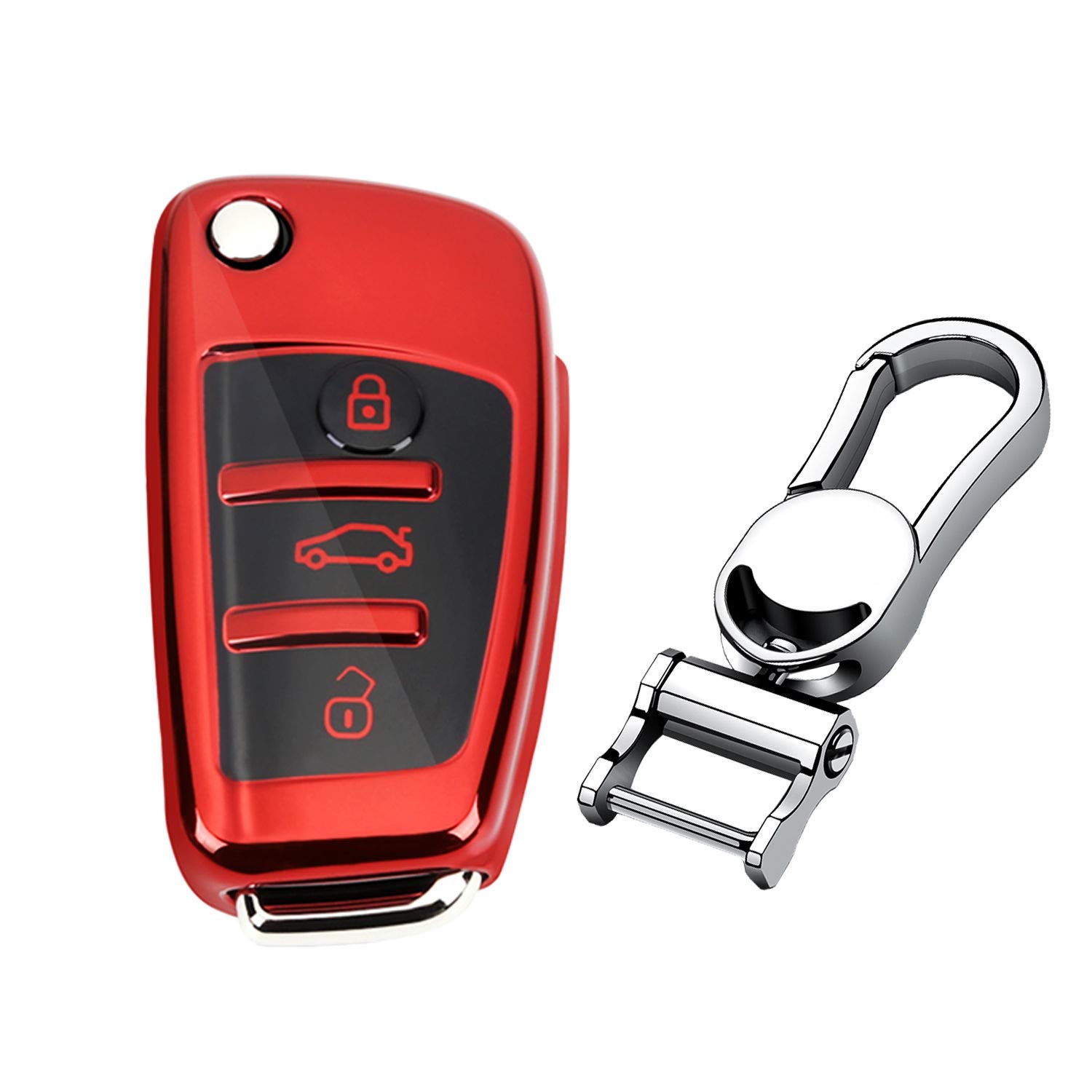 M.JVisun TPU Weich Autoschlüssel Fall für Audi A1 A3 A4 A6 A8 Quattro Q2 Q3 Q7 R8 RS3 RS6 S3 S6 TT TTS Silikon Schlüssel Hülle - Glänzend Rot - Metall Schlüsselbund von M.JVisun