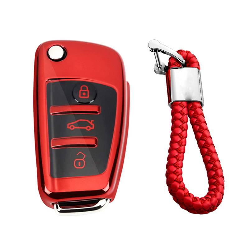 M.JVisun TPU Weich Autoschlüssel Fall für Audi A1 A3 A4 A6 A8 Quattro Q2 Q3 Q7 R8 RS3 RS6 S3 S6 TT TTS Silikon Schlüssel Hülle - Glänzend Rot - Flechten Schlüsselbund von M.JVisun