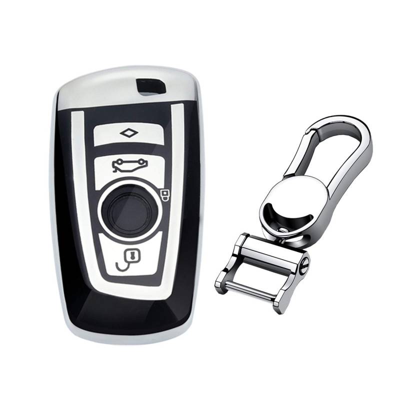 M.JVisun TPU Weich Autoschlüssel Fall für BMW 1 Serie 2 3 Serie 4 Serie 5 Serie 6 Serie 7 Serie 5GT GT3 GT5 X1 X3 X4 M2 M3 M4 M5 M6 Silikon Schlüssel Hülle - Glänzend Silber - Metall Schlüsselbund von M.JVisun