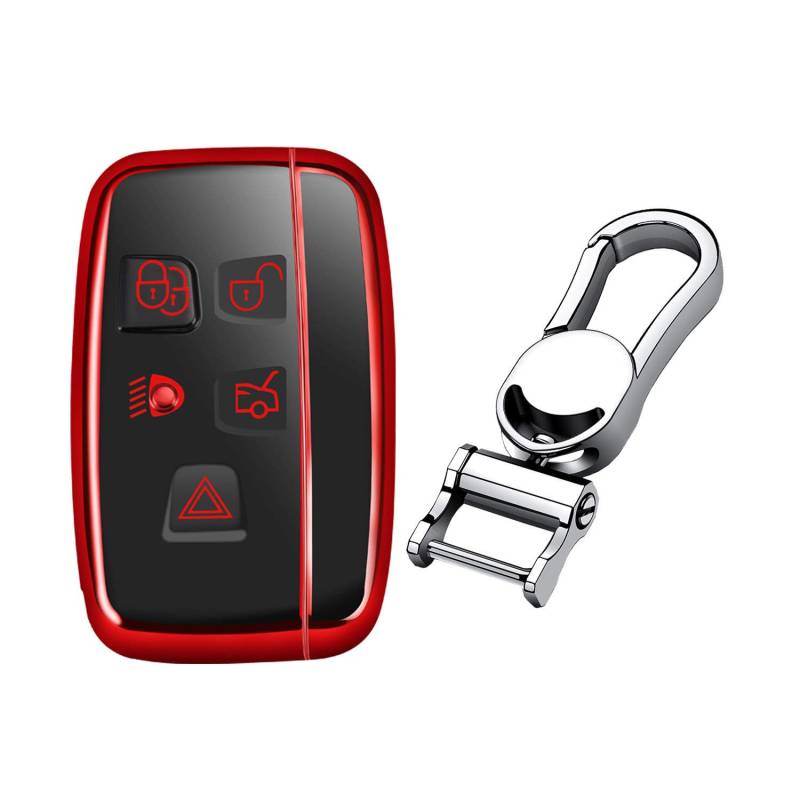 M.JVisun TPU Weich Autoschlüssel Fall für Jaguar XE XEL XF XFL XJ F-PACE F-Type Silikon Schlüssel Hülle - Glänzend Rot - Metall Schlüsselbund von M.JVisun