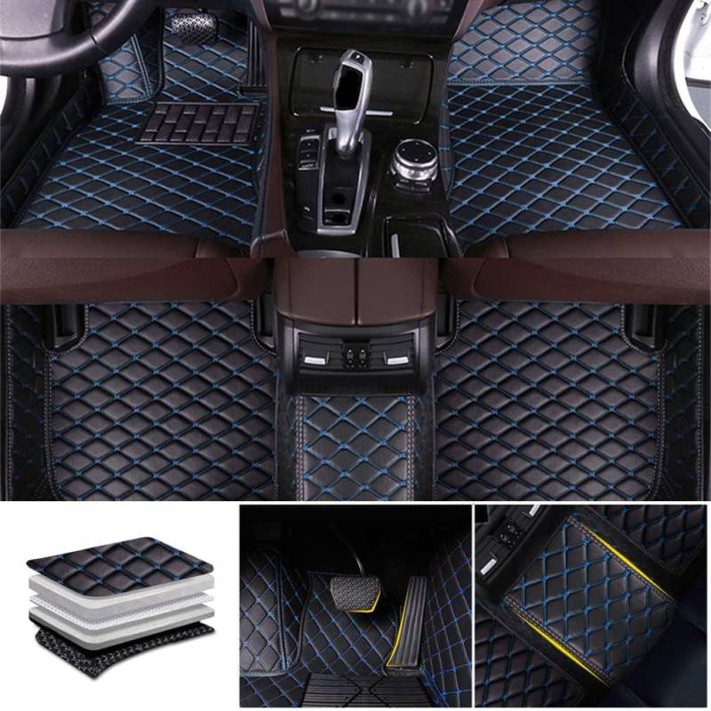 Auto Bodenmatte Fußmatten für Opel Mokka B 2021 2022 2023 2024 2025, Vollständig Umgebenes Leder Fußmatten Teppich Wasserfest Antirutsch Zubehör,Black+Blue-normal von MAALLOP
