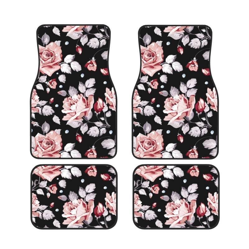 Auto-Fußmatten mit rosa Blumen, komplettes Set, 4 Stück, wasserdicht, Gummi-Fußmatten für ultimativen Schutz und Stil,rosa Blume-Einheitsgröße von MAALLOP