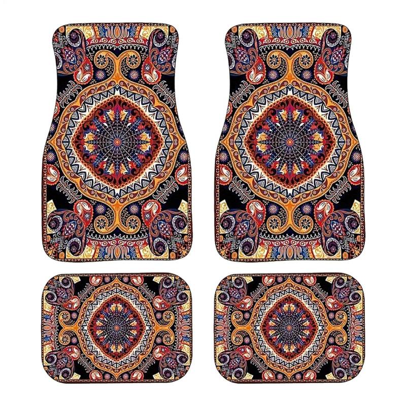 Boho-Auto-Fußmatte | 4 Stück Retro-Design-Automatten | Bohemian Auto Matten | Staubdichte Und rutschfeste Automatten | Strapazierfähige Teppiche | Böhmisches Autozubehör | Dekorative Auto-Fußmatten von MAALLOP