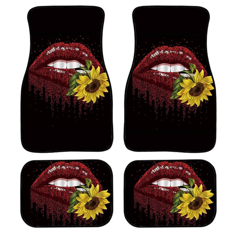 Bunte Hippie-Gänseblümchen-Muster, universelle Automatten, robuste Gummimatten, rutschfest, Bequeme Auto-Vorder- und Rückseite,Lippe mit Sonnenblume - Schwarz von MAALLOP