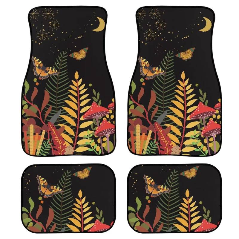 Bunte Hippie-Gänseblümchen-Muster, universelle Automatten, robuste Gummimatten, rutschfest, Bequeme Auto-Vorder- und Rückseite,Schmetterling-Pilz-Aufdruck Schwarz von MAALLOP