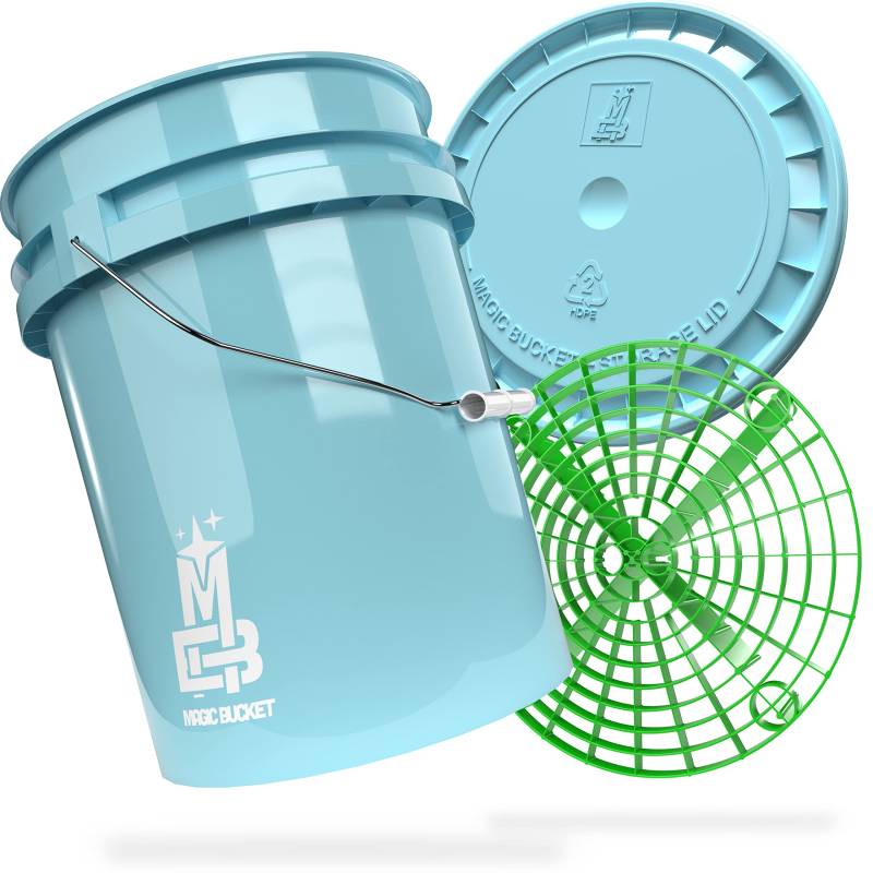 MAGIC BUCKET | Auto Handwäsche Bundle | Wascheimer mit passendem Eimer Deckel 5 US GALLONEN ca. 20 Liter | Mit Grit Guard Eimereinsatz Schmutzsieb | Waschset Baby Blau/Grün von MAGIC BUCKET