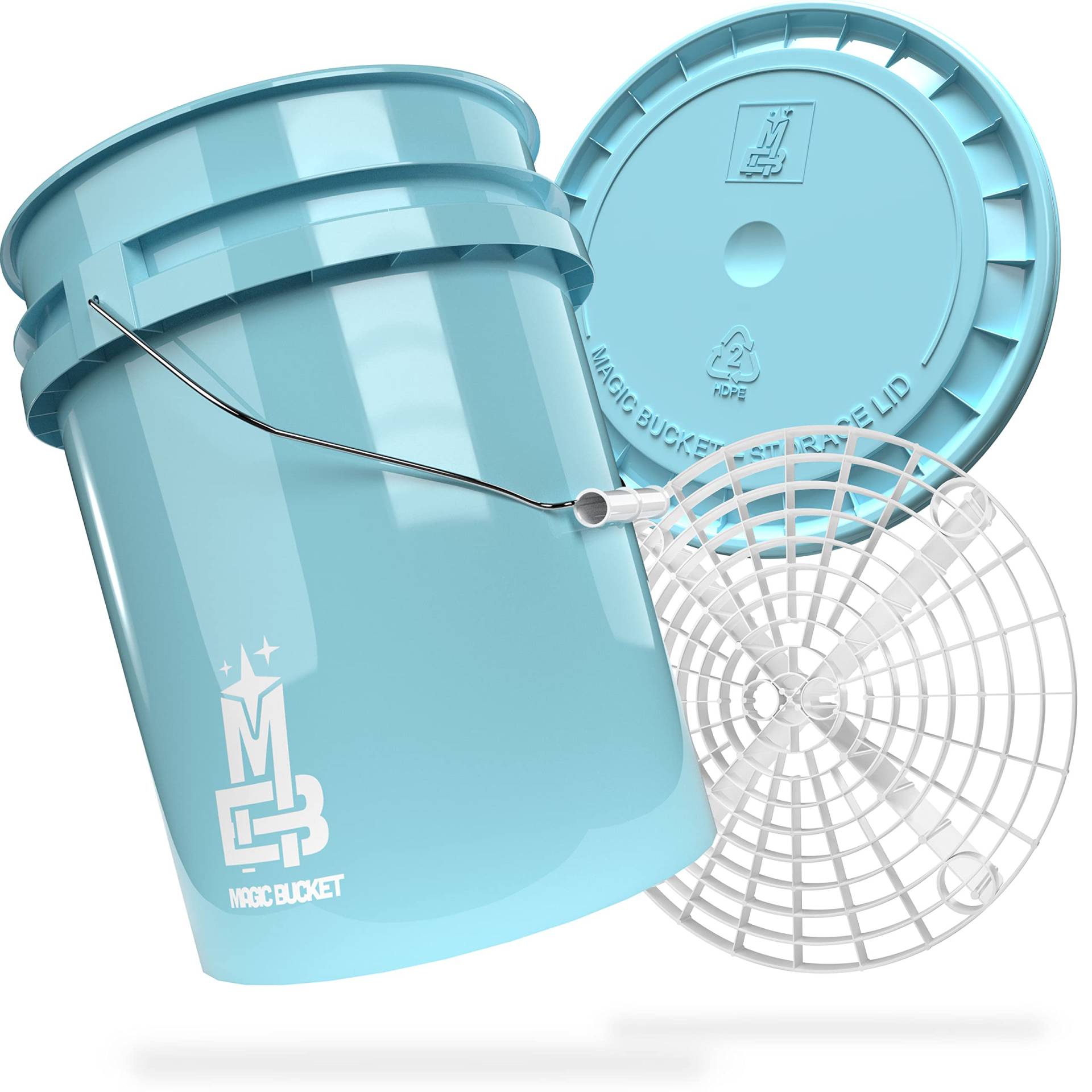 MAGIC BUCKET | Auto Handwäsche Bundle | Wascheimer mit passendem Eimer Deckel 5 US GALLONEN ca. 20 Liter | Mit Grit Guard Eimereinsatz Schmutzsieb | Waschset Baby Blau/Weiß von MAGIC BUCKET